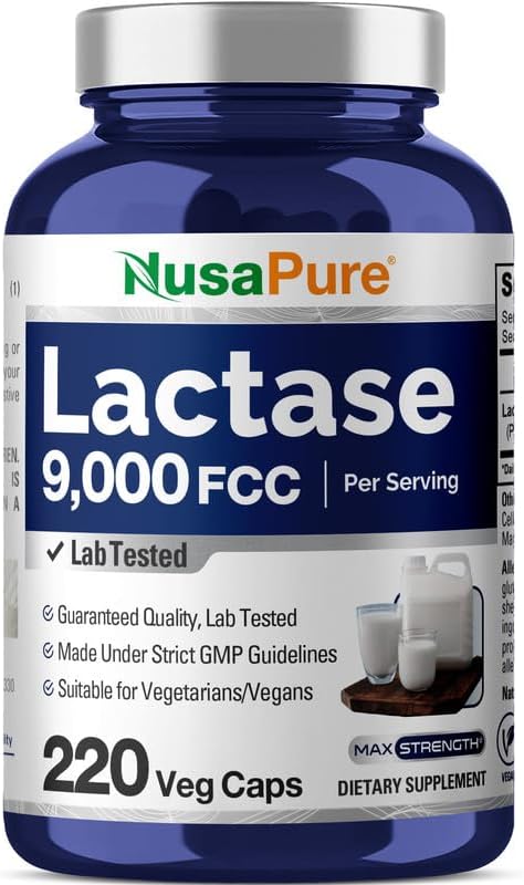 NusaPure Lactase Enzyme 9000 FCC, Lactase Unit, Suitable for Vegetarians/Vegan, Non-GMO, 220 Veg Capsules