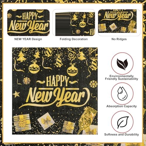 50Pcs New Year Napkins,Happy New Black Gold Foil Firework Disposable Guest Hand Towel Year Napkins Eve Party Supplies for 2026 Party Decorations