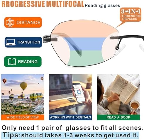 Multifocus Reading Glasses Women Progressive Multifocal No Line Bifocal Rimless Reader Blue Light Computer Eyeglasses