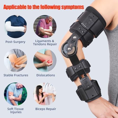 Hinged ROM Elbow Brace Adjustable Post OP Elbow Support - Arm Stabilizer Splint for Surgery, Dislocation, Ligament & Tendon Repair Recovery w/Sling Fits Men & Women (Right)
