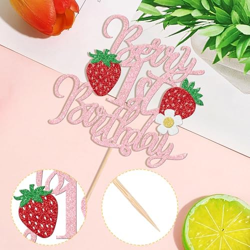 1 PCS Berry 1st Birthday Cake Topper Glitter Sweet Fruit Theme Flower First Birthday Strawberry One Cake Pick for Strawberry Theme Baby Shower 1st Birthday Party Cake Decorations Supplies Pink
