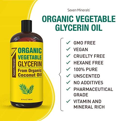 Seven Minerals, Organic Vegetable Glycerin - Big 32 fl oz Bottle - No Palm Oil, Made with Organic Coconut Oil - Therapeutical Grade Glycerine for DIYs - Hair, Nails & Skin Moisturizer - Non-Gmo
