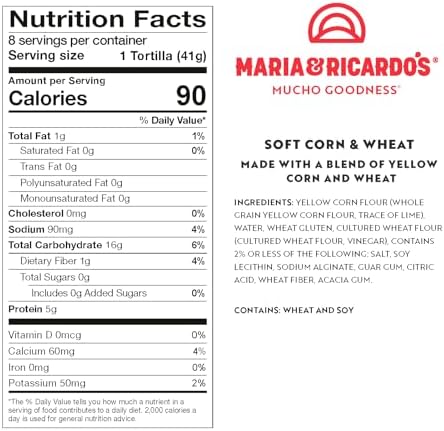 Maria & Ricardo's Soft Yellow Corn Tortillas. (3 Pack) Made from a blend of corn and wheat. Non GMO PV. Vegan. Kosher. 8 Tortillas per Pack