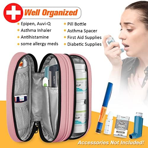 SITHON Double-Layer Epipen Carrying Case, Travel Medication Organizer Bag Emergency Medical Pouch Holds 2 EpiPens, Asthma Inhaler, Anti-Histamine, Auvi-Q, Allergy Medicine Essentials (Pink)