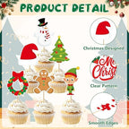 24 Pcs Christmas Cupcake Toppers, Xmas Cake Decorations Toothpicks with Santa Claus Snowman Bells Gingerbread Designs, Christmas Cake Topper Picks for New Year Holiday Party Decorations Supplies