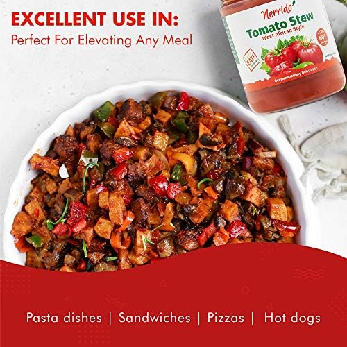 Nerrido Canned Tomato Stew & Jollof Rice Red Sauce, African Style Hot Pasta Sauce with Vegetables and Spices 16oz (454g) (Hot, 1 Pack)