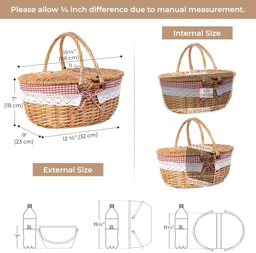 GRANNY SAYS Picnic Basket, Wicker Basket with Lid, Woven Cute Basket with Handle, Storage Basket with Washable Lining & Dual-Flid Lid, Natural Willow Picnic Hamper, Red Lining
