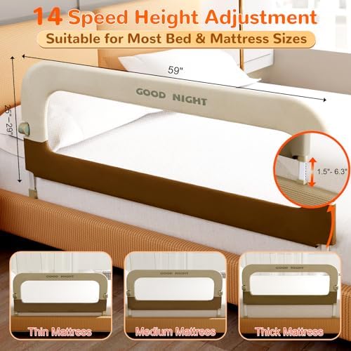 Bed Guard Rail for Toddlers - 59" Adjustable Heights & Folding up Portable Bed Railing for Baby - Toddler Bed Rails Guard for Crib, Twin, Bunk,Full Size, Queen & King Bed