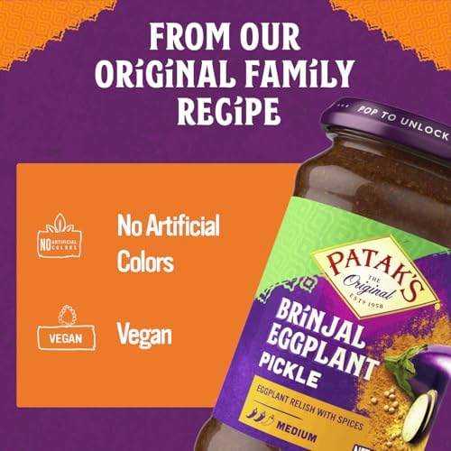 Patak’s Brinjal Eggplant Pickle - Medium Heat Spicy Indian Pickle Relish w/Mustard Seeds, Garlic & Aromatic Spices - Vegan & Gluten-Free Indian Eggplant Achar - Ready to Serve - 11oz Jar (Pack of 3)
