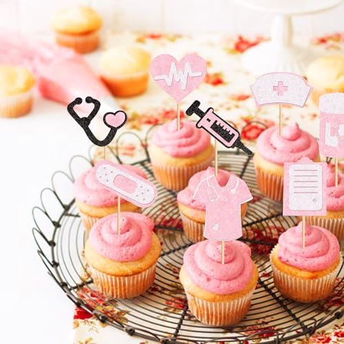 24Pcs Nurse Cupcake Toppers Sparkling and shining Nursing School Graduation Cupcake Picks for Medical Rn Nurse Grad Themed Birthday Party Supplies Pink