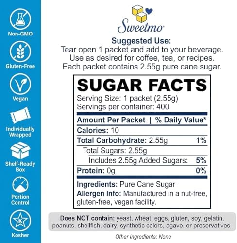 Sweetmo Sugar packets - 400 Count Dispenser Box, Pure Cane White Granulated Sugar Packets, Individual Wrapped, Bulk Packets for Coffee, Restaurants, Office, Cafés & Food Service
