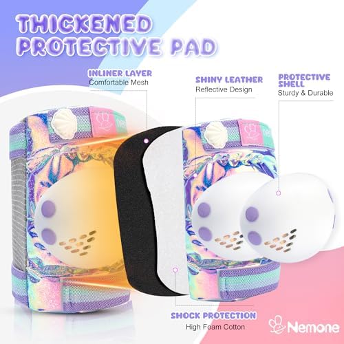 NEMONE Mermaid Knee Pads for Kids, Girls Boys Knee Elbow Pads Wrist Guards with Drawstring Bag, Adjustable Reflective Protective Gear Set for Roller Skates Bike Cycling Skateboard Scooter