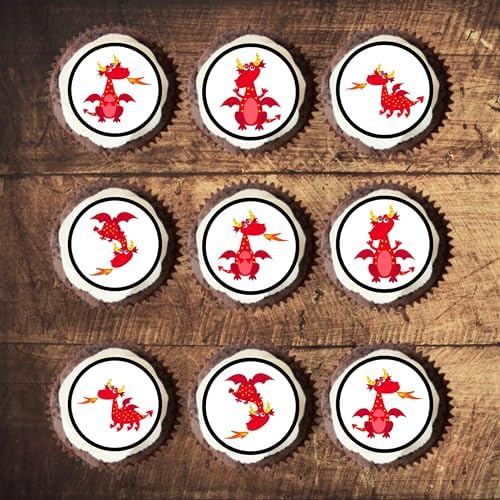 24 Red Dragon Cupcake Toppers, Edible Dragon Birthday Party Decorations, Dragon Cake Topper, Dragon Decorations, Dragons Theme Edible Cupcake Toppers - Stand Up Discs Wafer Cake Decorations