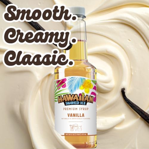 Hawaiian Shaved Ice Vanilla Syrup - Nut Soy Dairy Free - Flavor Fluffy & Crunchy Snow Cones - Shelf Stable - Makes 8 Servings - 16 ounces