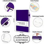 feela 5 Pack Journal Notebook Bulk for School, Hardcover Business Notebooks Classic Ruled Lined Journals with Pen Holder for Work Note Taking, with 5 Black Pens, 120 GSM, 5.1”x8.3”, A5, Purple