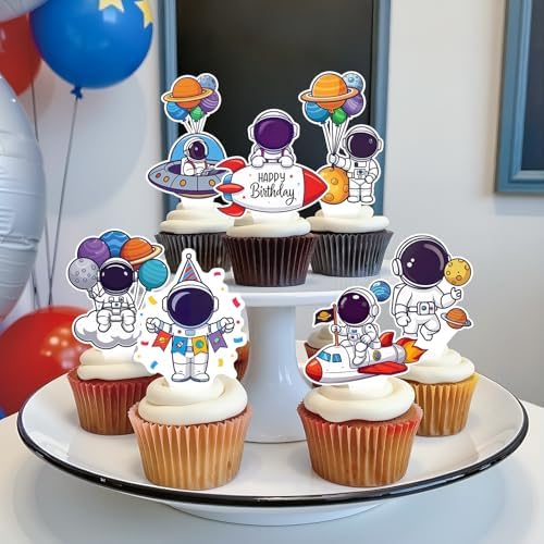 48 Pcs Outer Space Cupcake Toppers Space Themed Party Decorations Astronaut Birthday Party Decorations
