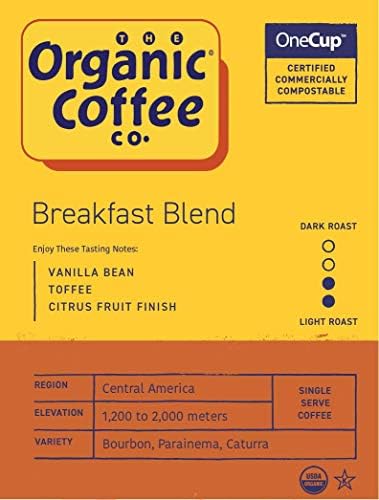 The Organic Coffee Co. Compostable Coffee Pods - Breakfast Blend (36 Ct) K Cup Compatible, Medium Roast, USDA Organic