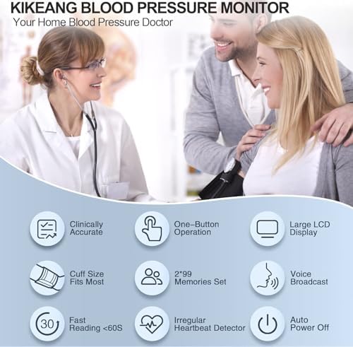 Blood Pressure Monitor, Blood Pressure Cuff 22-42cm - 2 * 99 Sets of Memory, 4*AAA Battery Included, White