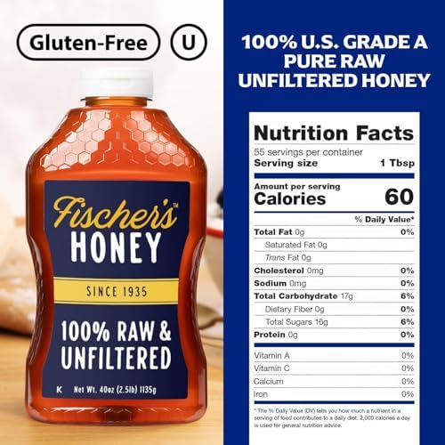 Fischer’s 100% Pure, Raw & Unfiltered Honey – USA Made Honey – All-Natural Sweetener – Rich Flavor Profile, Packed with Nutrients, 40 oz (Pack of 2)