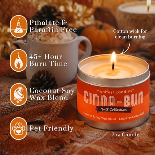 Cinnamon Bun Fall Candle, Cinna-Bun Scented Soy Candle with Cinnamon & Buttercream Icing, Coconut Soy Wax, 45+ Hour Burn, 7oz Tin, Non-Toxic Fall Candles for Home, Paraffin & Phthalate Free