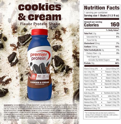 Premier Protein Shake, Cookies & Cream, 30g Protein, No Added Sugar, 24 Vitamins & Minerals to Support Immune Health, 11.5 fl oz, 12 Pack