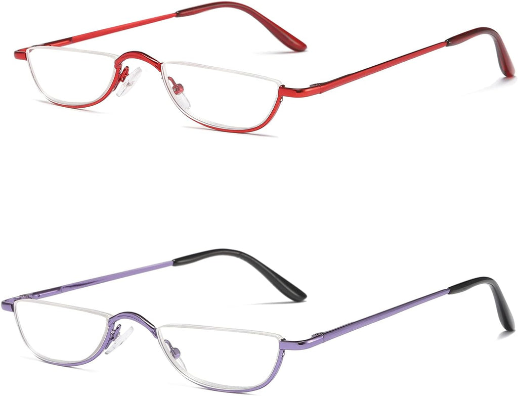 Half Reading Glasses - 2 Pairs Half Rim Metal Frame Glasses Spring Hinge Readers with Leather Pouch for Men and Women (Red+Purple, 2.50)