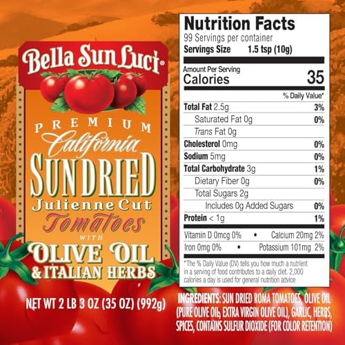Bella Sun Luci Sun Dried Tomatoes Julienne Cut in Olive Oil, 35 Oz Glass Jar, Mediterranean Italian Style Sun-Ripened Tomatoes, Kosher, Vegan, Gluten-Free, Premium Pantry Ingredient for Pasta, Pizza & Salads
