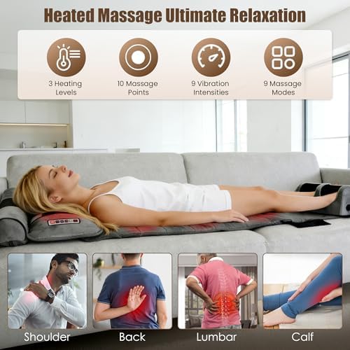 Full Body Massage Mat with Heat, Massager Pad with 10 Vibrating Nodes, 9 Modes, 3 Heating Levels with Detachable Neck Foot Massager, Head Pillow&Inflatable Lumbar Pillow, Anti-Slip for Bed/Sofa