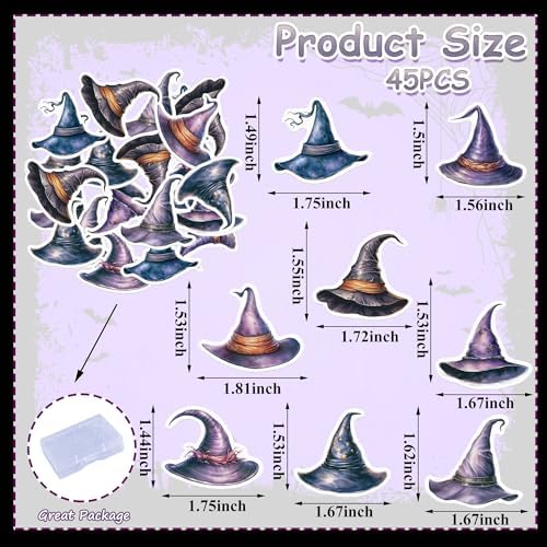 45PCS Edible Witch Hat Cupcake Toppers Wafer Paper Halloween Hat Cake Decorations Witch Magic Cupcake Toppers for Halloween Eve Theme Party Birthday Decor Supplies
