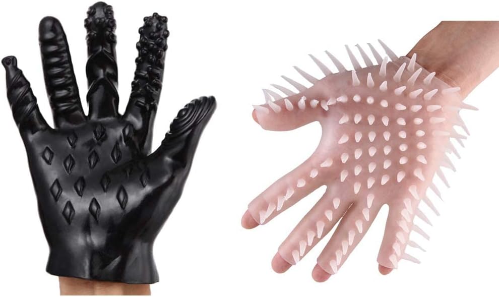 Massage Gloves, 2Pcs Soft Flirting Massage Gloves Men Ribbed Teasing Gloves, Bath Glove Silicone Male Female Massage Tool (Black A+Transparent A)