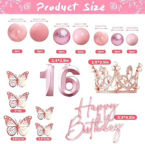 16th Birthday Cake Topper Set, Rose Gold Balls Cake Toppers with Happy Birthday Crown Tiara, Numeral 16 Candle and Birthday Candles for Sweet 16 Birthday Party Decorations (16th)