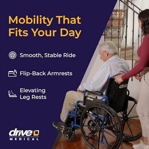 Drive Medical Blue Streak Lightweight Foldable Wheelchair - Enhanced Mobility Support - Durable Construction - Padded Comfort - Swing-Away Leg Rests - Desk Arms - Blue/Black - 18 Inch Seat