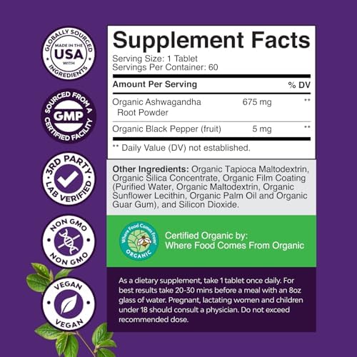 High Strength Organic Ashwagandha Supplements - Ashwagandha Organic Tablets for Mood Support & Hormone Balance for Women & Men - Root Extract Powder with Black Pepper for Better Absorption - 60 Ct