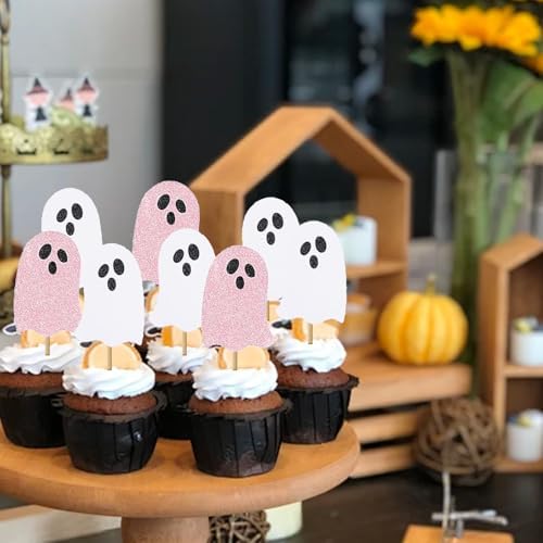 Halloween Ghost Cupcake Toppers 24Pcs White Pink Glitter - 2 Inch Tall - Perfect for Halloween, Baby Showers, Birthdays