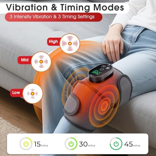 Cordless Heated Knee Massager with Vibration, FSA Eligible HSA Heated Knee Brace Wrap Heating Shoulder Brace for Knee Shoulder Elbow, Heating Pad with 6 Heating Levels, 3 Massage Modes & Timer (Grey)