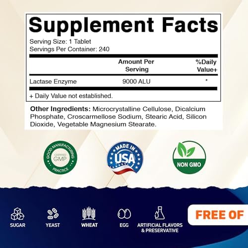 Vitamatic Lactase Enzyme 9000 FCC 240 Tablets - Lactose Intolerance Relief Caplets