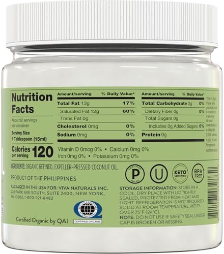Viva Naturals Refined Coconut Oil, 16 fl oz – Expeller-Pressed, USDA Organic, Neutral Flavor & Aroma, Ideal for Cooking, Baking, Hair & Skin Moisturizer