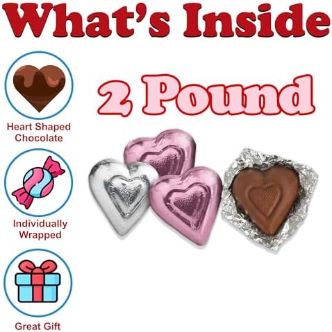 Valentine's Day Milk Chocolate Hearts, 2 Lbs Bulk, Individually Wrapped Pink and Silver Hearts, Extra Creamy Heart Shaped Chocolate Miniatures for Valentines Day Candy Gift, Party Favor, Appx 100 Pc