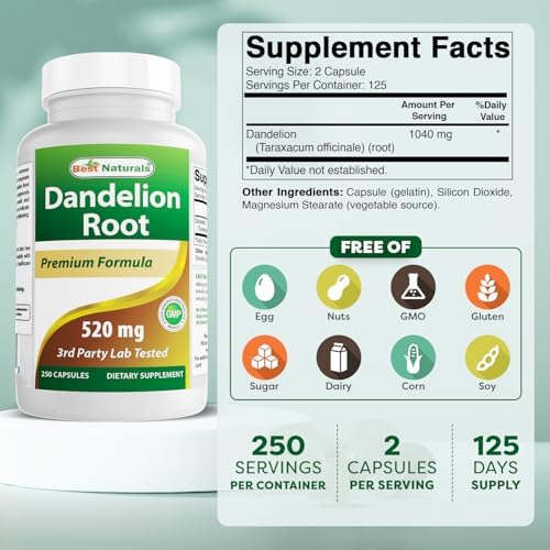 Best Naturals Dandelion Root 520 mg 250 Capsules (Pack of 2)
