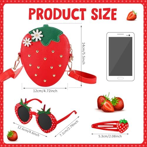 Halfchet 3 Pcs Strawberry Purse for Girls Strawberry Accessories Set Included Fruit Shaped with Rivets Sunglasses Hair Clip Birthday Gifts for Women Stuffs Fruit Accessories(Red)