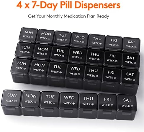 Lifewit Monthly Pill Organizer, 28 Day Pill Box, 4 Weeks One Month Vitamin Cases, Large Compartments Medicine Organizer for Fish Oils, Supplements, 28 Grids, Black