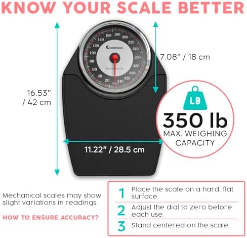 Adamson A24 Scales for Body Weight - Up to 350 LB - New - Anti-Skid Rubber Surface Extra Large Numbers - High Precision Bathroom Scale Analog - Durable with 20-Year Assurance - Black