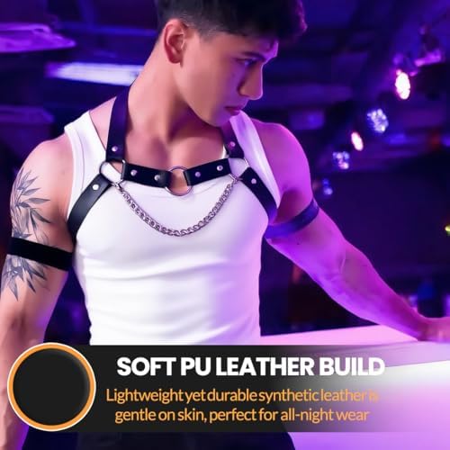 Men's PU Leather Chest Harness Belt with Chain, Adjustable Neck Harness Belt for Men, Male Punk Chest Shoulder Harness for Punk Cosplay, Muscle Show Clubwear Nightclub Stage Party Outfits X025
