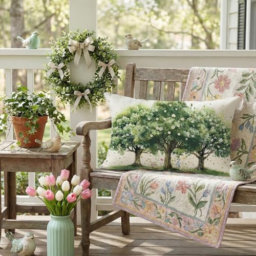 GEEORY Spring Pillow Cover 12x20 Inch, Farmhouse Trees Flowers Decor Throw Pillow Case for Sofa, Bedroom, Living Room