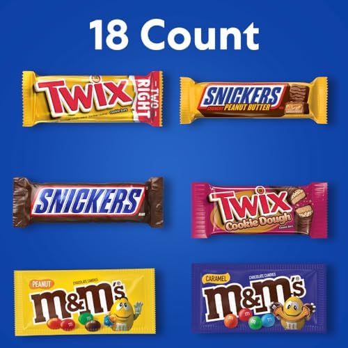 Mars M&M's Peanut, M&M's Caramel, Snickers Original, Peanut Butter Squared, Twix Cookie Dough Variety Pack Full Size Individually Wrapped Milk Chocolate Candy Bars, 18 Ct