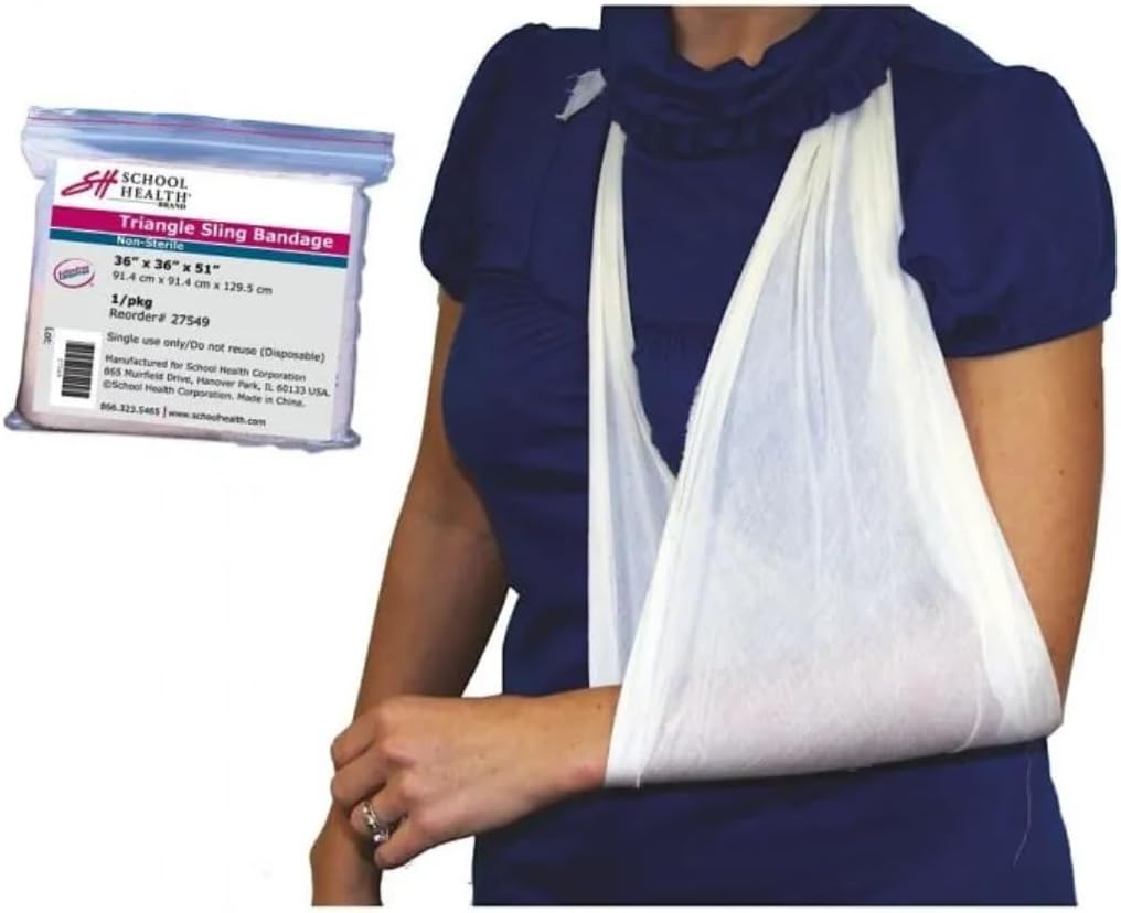 School Health Triangle Bandage Arm Sling – 36″ × 36″ × 51″ Latex-Free,Individually Wrapped Sling with Safety Pins – Support for Shoulder & Arm Immobilization in First Aid, EMS & School Health Kits