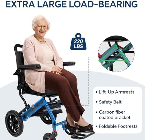 20LBS Wheelchairs for Adults, Lightweight Foldable Transport Wheelchair with 10” Honeycomb Tires & Thickened Comfort Seat Cushion, Aviation Aluminum Frame Holds 220LBS for Seniors Travel & Daily Use