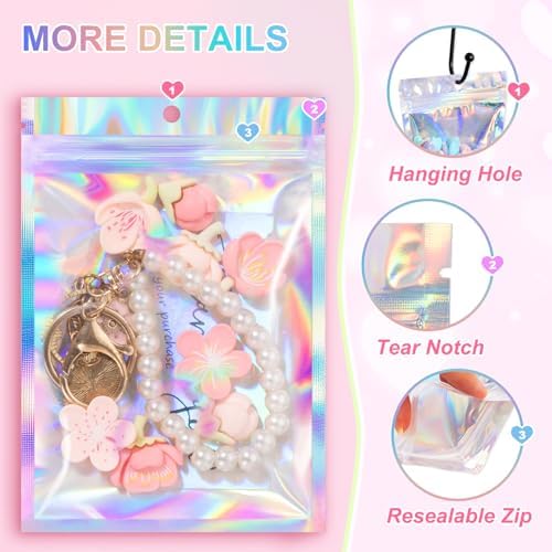 ANZNKU 100 Pack Mylar Bags Reasealable Holographic Bags, Smell Proof Bag Zipper Pouches with Clear Window, Jewelry Easter Candy Sealable Bag for Packaging Sample Party Favor (4 x 6 Inch)