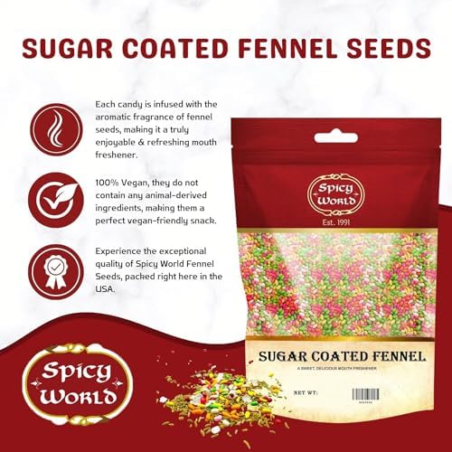 Spicy World Sugar Coated Fennel Seeds | Sweet Saunf Candy for Mouth Freshening - 7 Oz (200g) Pack | Premium Quality Fennel Mouth Freshener | Indian After Meal Digestive Treat