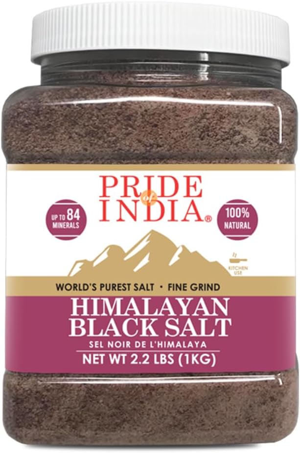 Pride Of India | Himalayan Black Rock Salt - Fine Grind, 2.2 Pound (1 Kg) | Kala Namak - Contains 84+ Minerals - Perfect for Cooking, Tofu Scrambles, Table, Kitchen, Restaurant, & Bathing Use